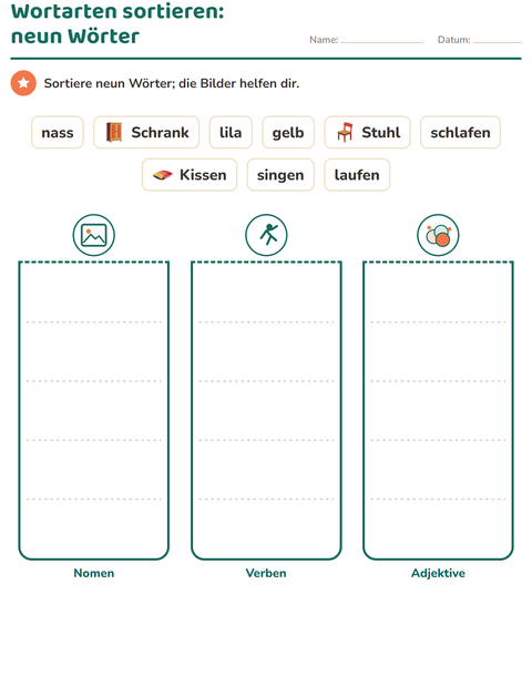 Vorschau: Wortarten-Arbeitsblatt mit Möbel für 2. Klasse