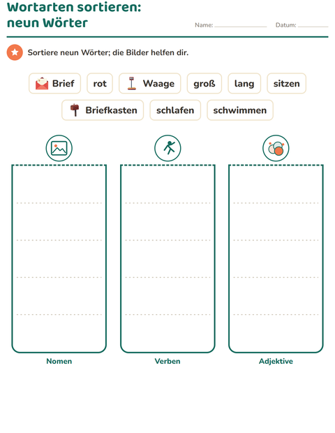 Vorschau: Wortarten-Arbeitsblatt mit Postamt für 2. Klasse