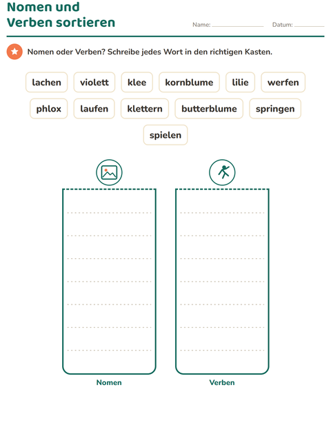 Vorschau: Wortarten-Arbeitsblatt mit Blumen für 1. Klasse