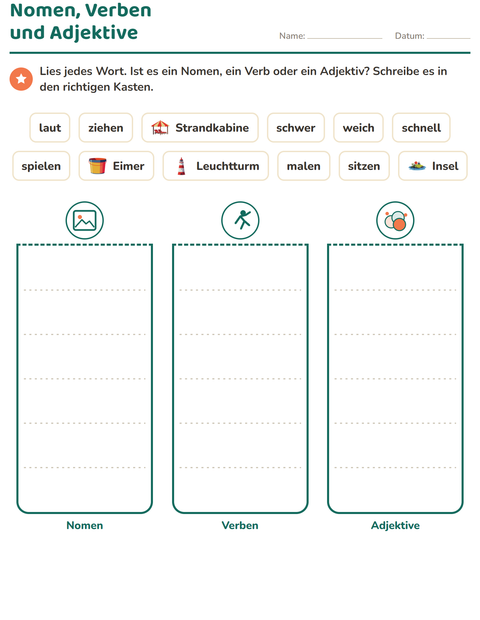 Vorschau: Wortarten-Arbeitsblatt mit Strand für 2. Klasse