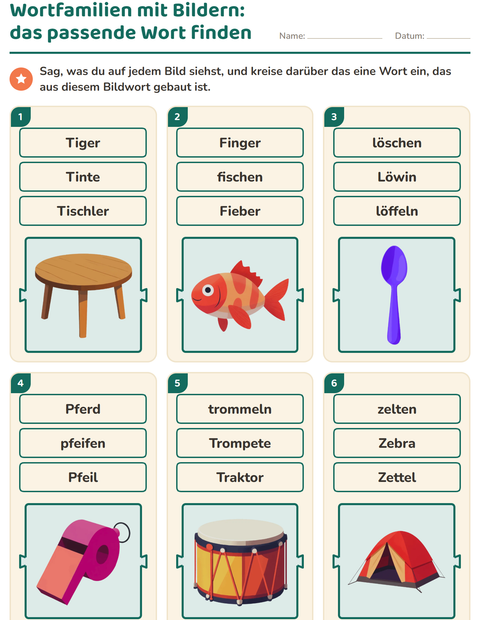 Wortfamilien mit Bildern: Welches Wort ist aus dem Bildwort gebaut?