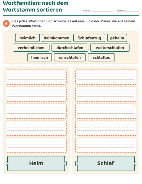 Vorschau: Wortfamilien, Vorsilben und Nachsilben-Arbeitsblatt für 2. Klasse