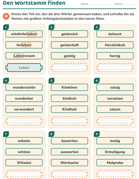 Vorschau: Wortfamilien, Vorsilben und Nachsilben-Arbeitsblatt für 2. Klasse