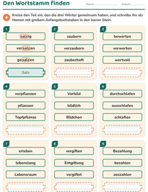 Vorschau: Wortfamilien, Vorsilben und Nachsilben-Arbeitsblatt für 2. Klasse