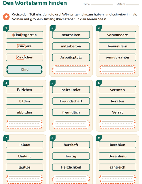 Vorschau: Wortfamilien, Vorsilben und Nachsilben-Arbeitsblatt für 2. Klasse