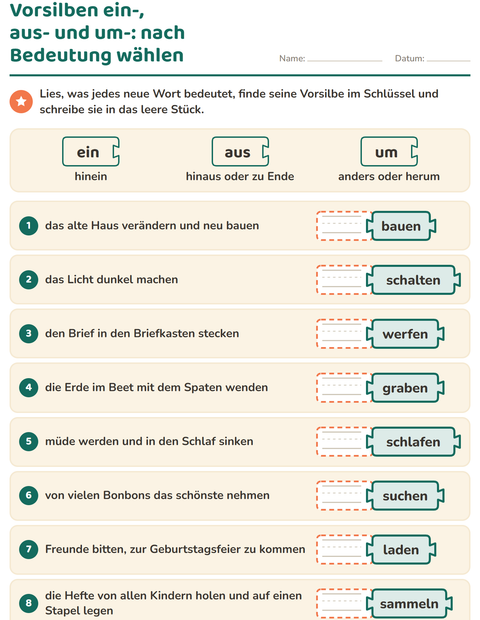 Vorschau: Wortfamilien, Vorsilben und Nachsilben-Arbeitsblatt für 2. Klasse