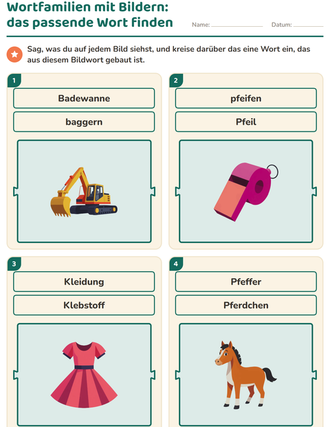 Vorschau: Wortfamilien, Vorsilben und Nachsilben-Arbeitsblatt für 1. Klasse