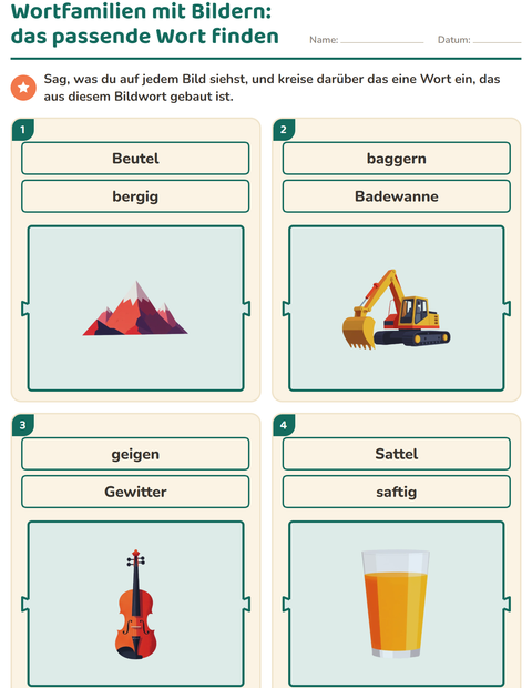 Vorschau: Wortfamilien, Vorsilben und Nachsilben-Arbeitsblatt für 1. Klasse