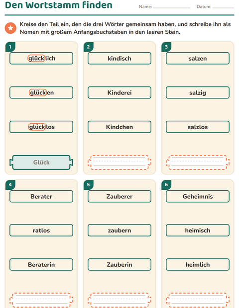 Vorschau: Wortfamilien, Vorsilben und Nachsilben-Arbeitsblatt für 2. Klasse