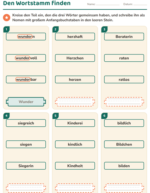 Vorschau: Wortfamilien, Vorsilben und Nachsilben-Arbeitsblatt für 2. Klasse