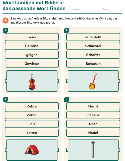 Vorschau: Wortfamilien, Vorsilben und Nachsilben-Arbeitsblatt für 1. Klasse