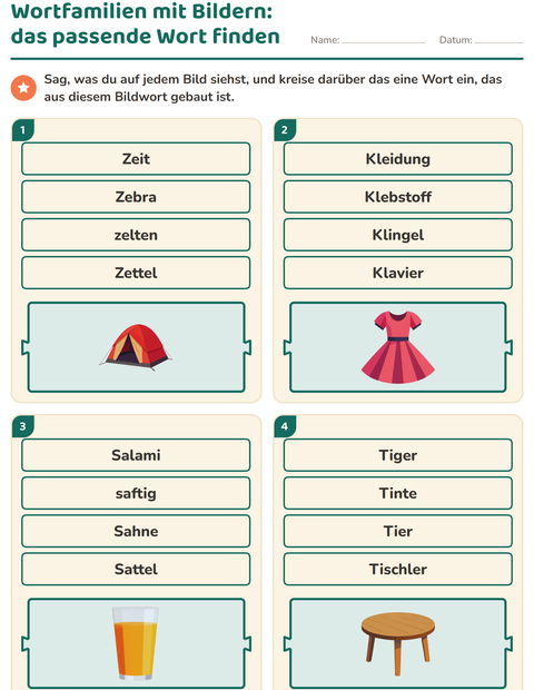 Vorschau: Wortfamilien, Vorsilben und Nachsilben-Arbeitsblatt für 1. Klasse
