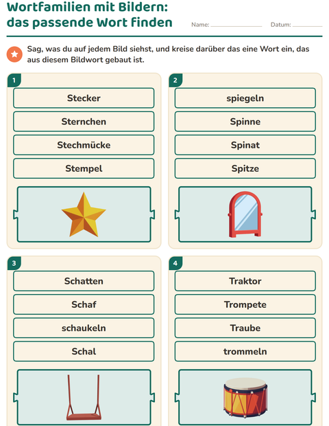Vorschau: Wortfamilien, Vorsilben und Nachsilben-Arbeitsblatt für 1. Klasse