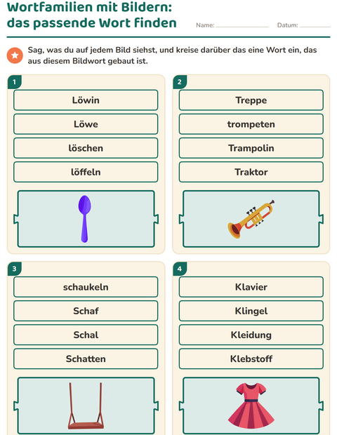 Vorschau: Wortfamilien, Vorsilben und Nachsilben-Arbeitsblatt für 1. Klasse
