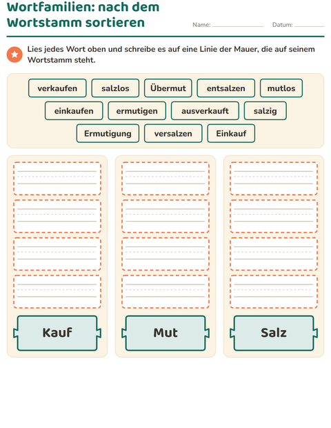 Vorschau: Wortfamilien, Vorsilben und Nachsilben-Arbeitsblatt für 2. Klasse