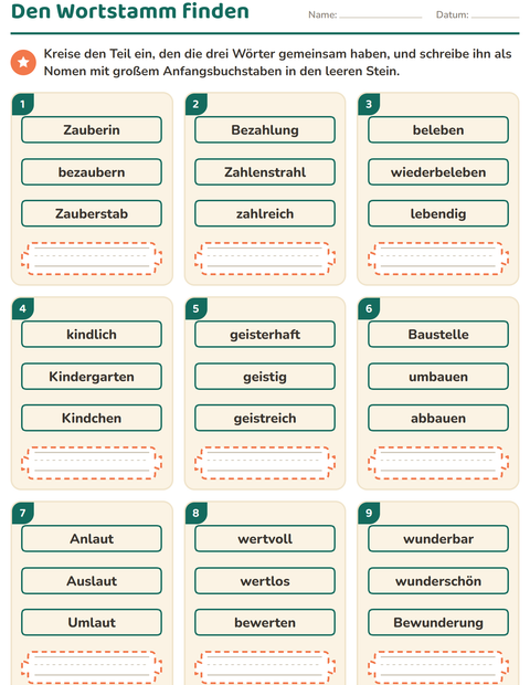 Vorschau: Wortfamilien, Vorsilben und Nachsilben-Arbeitsblatt für 2. Klasse