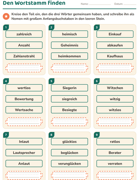 Vorschau: Wortfamilien, Vorsilben und Nachsilben-Arbeitsblatt für 2. Klasse