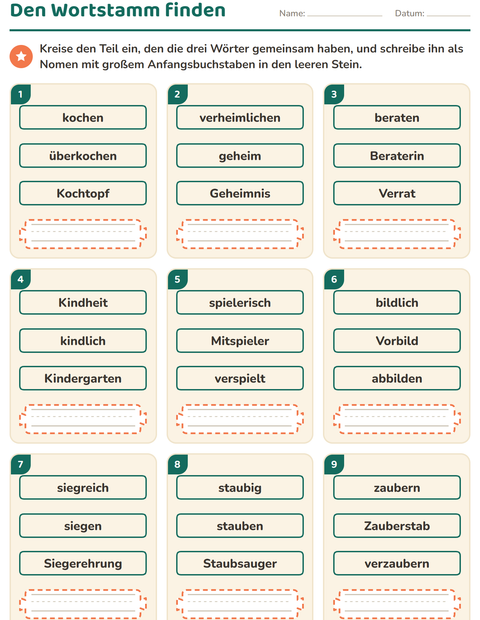 Vorschau: Wortfamilien, Vorsilben und Nachsilben-Arbeitsblatt für 2. Klasse