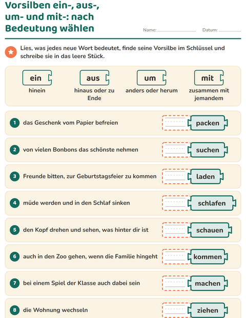 Vorschau: Wortfamilien, Vorsilben und Nachsilben-Arbeitsblatt für 2. Klasse