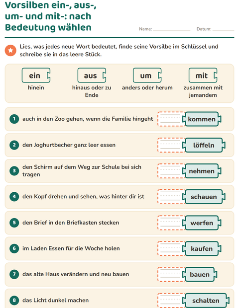 Vorschau: Wortfamilien, Vorsilben und Nachsilben-Arbeitsblatt für 2. Klasse