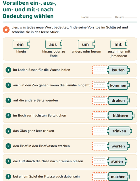 Vorschau: Wortfamilien, Vorsilben und Nachsilben-Arbeitsblatt für 2. Klasse