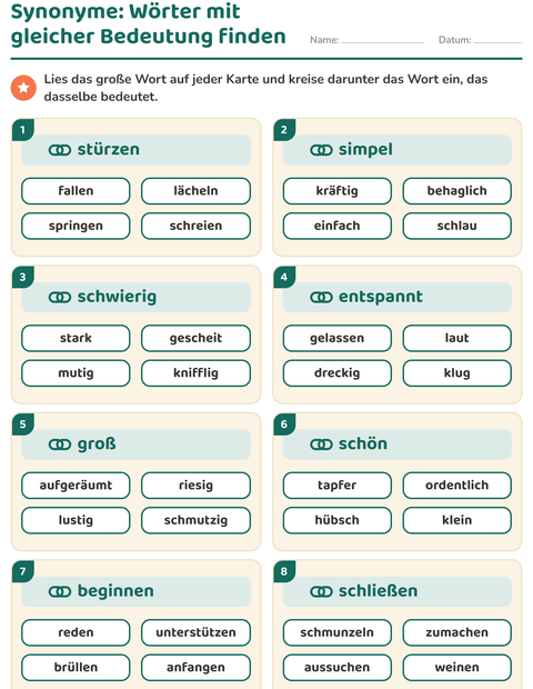 Vorschau: Wortfelder und Synonyme-Arbeitsblatt für 2. Klasse