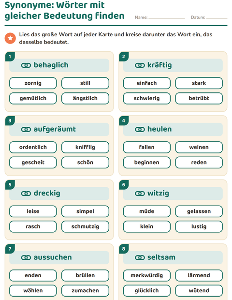 Vorschau: Wortfelder und Synonyme-Arbeitsblatt für 2. Klasse