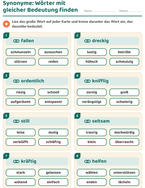 Vorschau: Wortfelder und Synonyme-Arbeitsblatt für 2. Klasse