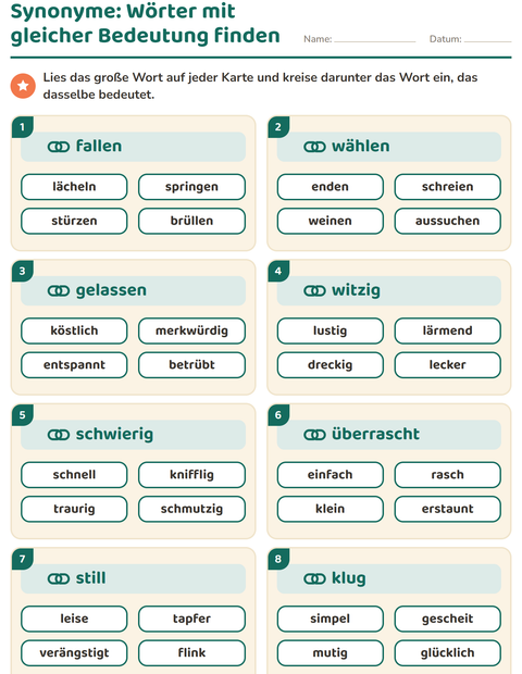 Vorschau: Wortfelder und Synonyme-Arbeitsblatt für 2. Klasse
