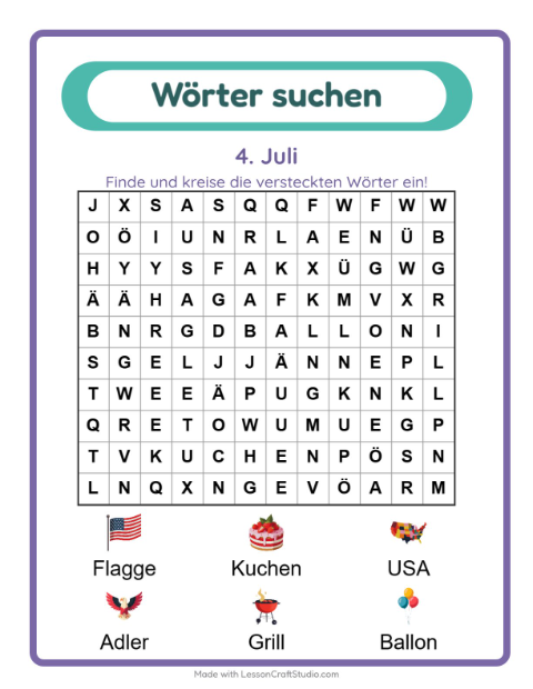 Vorschau: Wortsuche-Arbeitsblatt mit 4. Juli für 1. Klasse