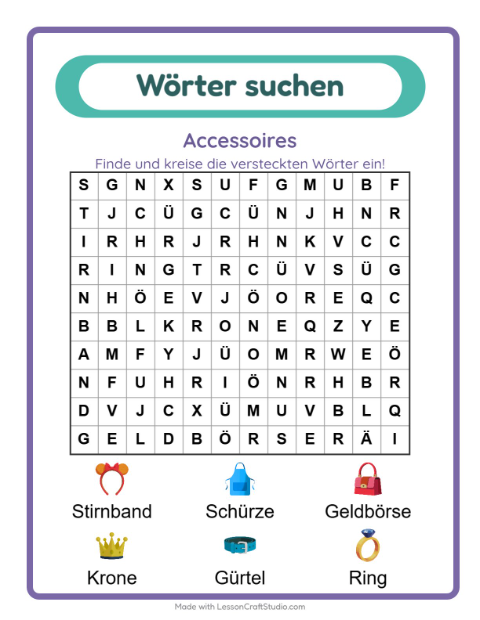 Vorschau: Wortsuche-Arbeitsblatt mit Accessoires für 1. Klasse