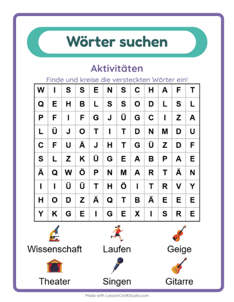 Vorschau: Wortsuche-Arbeitsblatt mit Aktivitäten für 1. Klasse