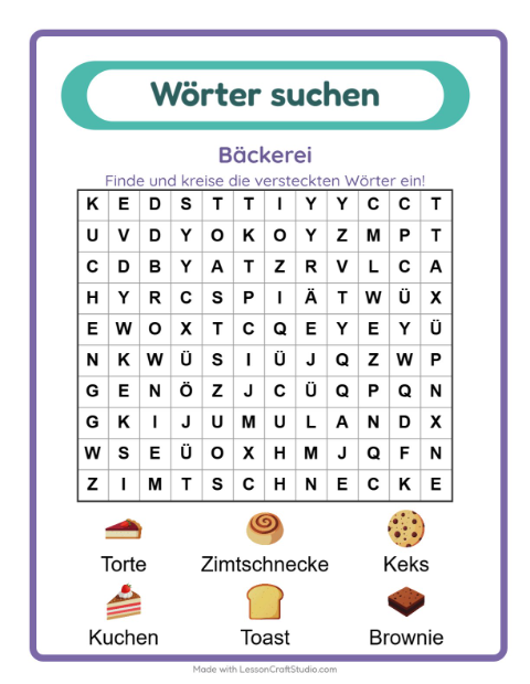 Vorschau: Wortsuche-Arbeitsblatt mit Bäckerei für 1. Klasse