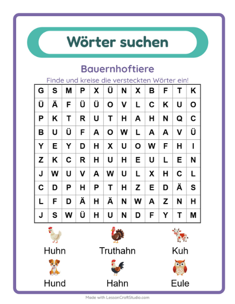 Vorschau: Wortsuche-Arbeitsblatt mit Bauernhoftiere für 1. Klasse