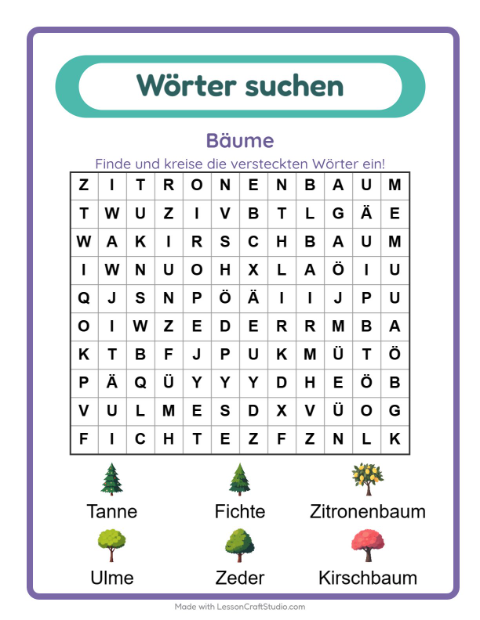 Vorschau: Wortsuche-Arbeitsblatt mit Bäume für 1. Klasse