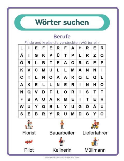 Vorschau: Wortsuche-Arbeitsblatt mit Berufe für 1. Klasse