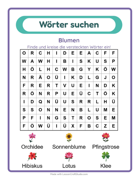 Vorschau: Wortsuche-Arbeitsblatt mit Blumen für 1. Klasse