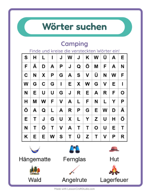 Vorschau: Wortsuche-Arbeitsblatt mit Camping für 1. Klasse