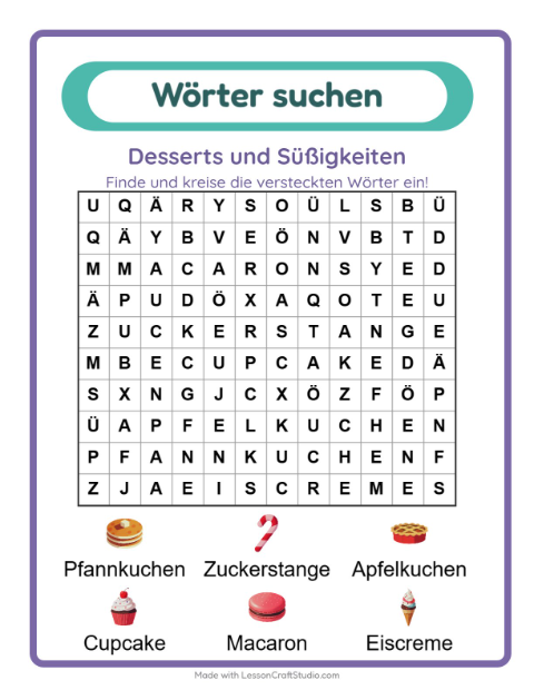 Vorschau: Wortsuche-Arbeitsblatt mit Desserts und Süßigkeiten für 1. Klasse