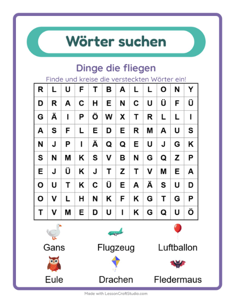 Vorschau: Wortsuche-Arbeitsblatt mit Dinge die fliegen für 1. Klasse