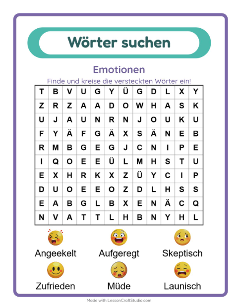 Vorschau: Wortsuche-Arbeitsblatt mit Emotionen für 1. Klasse