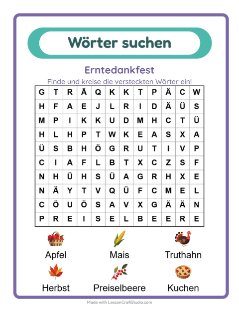 Vorschau: Wortsuche-Arbeitsblatt mit Erntedankfest für 1. Klasse