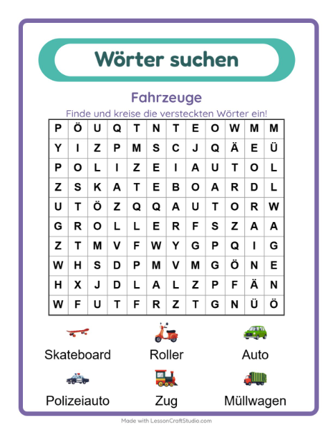 Vorschau: Wortsuche-Arbeitsblatt mit Fahrzeuge für 1. Klasse