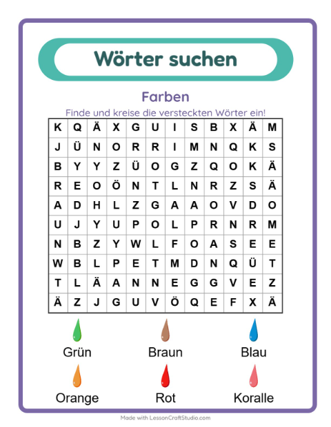 Vorschau: Wortsuche-Arbeitsblatt mit Farben für 1. Klasse
