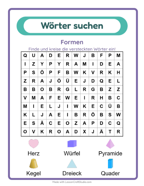 Vorschau: Wortsuche-Arbeitsblatt mit Formen für 1. Klasse