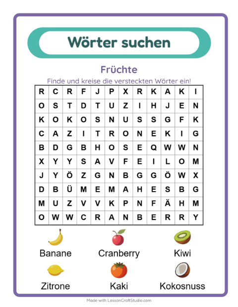 Vorschau: Wortsuche-Arbeitsblatt mit Früchte für 1. Klasse