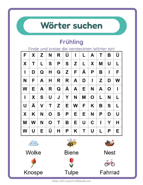 Vorschau: Wortsuche-Arbeitsblatt mit Frühling für 1. Klasse