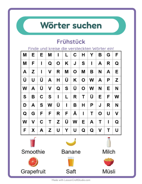 Vorschau: Wortsuche-Arbeitsblatt mit Frühstück für 1. Klasse