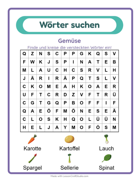 Vorschau: Wortsuche-Arbeitsblatt mit Gemüse für 1. Klasse