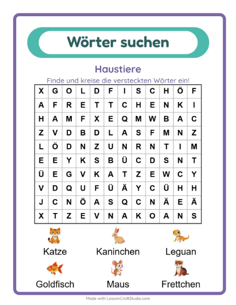 Vorschau: Wortsuche-Arbeitsblatt mit Haustiere für 1. Klasse